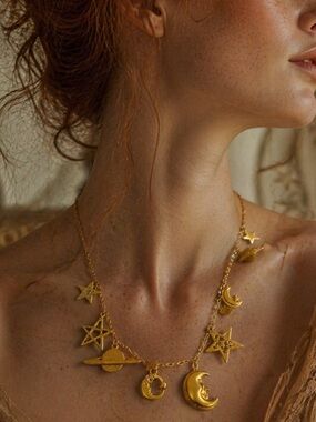 Vintage Kirks Folly Solar System Charm Necklace 17" Gold Tone Celestial